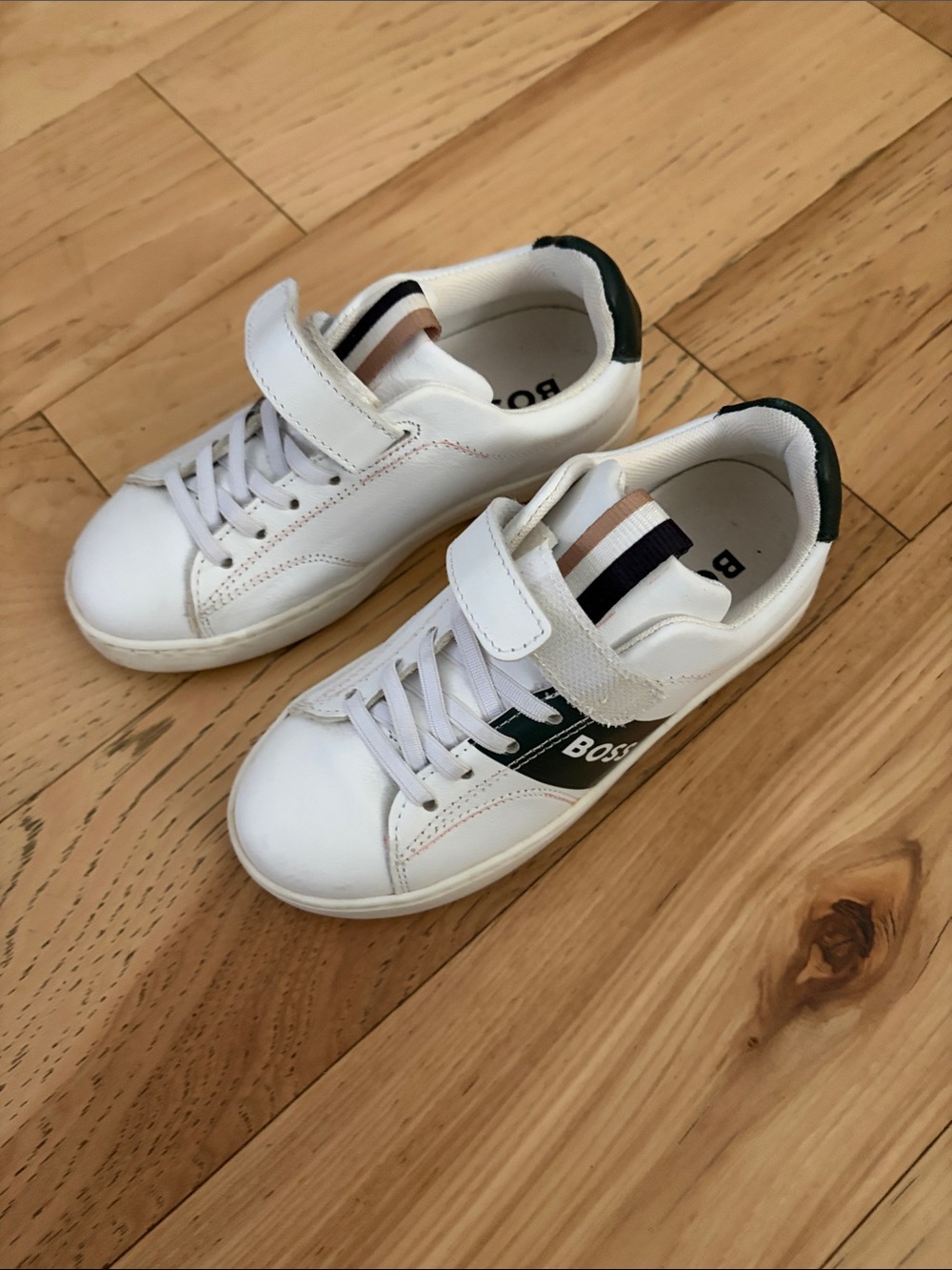 Hugo Boss White Leather Sneakers with Green Accents for Kids